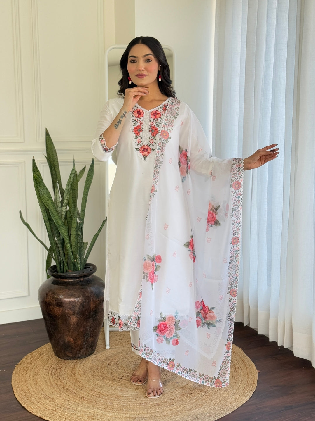 The52 Thread work on Viscose Fabric Straight Kurta, Pant and Dupatta Set - Distacart