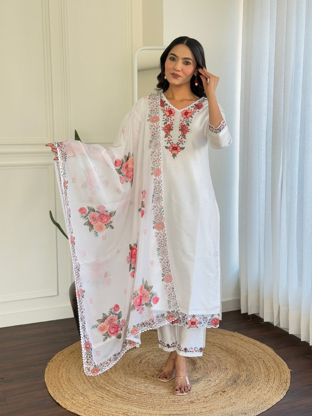 The52 Thread work on Viscose Fabric Straight Kurta, Pant and Dupatta Set - Distacart