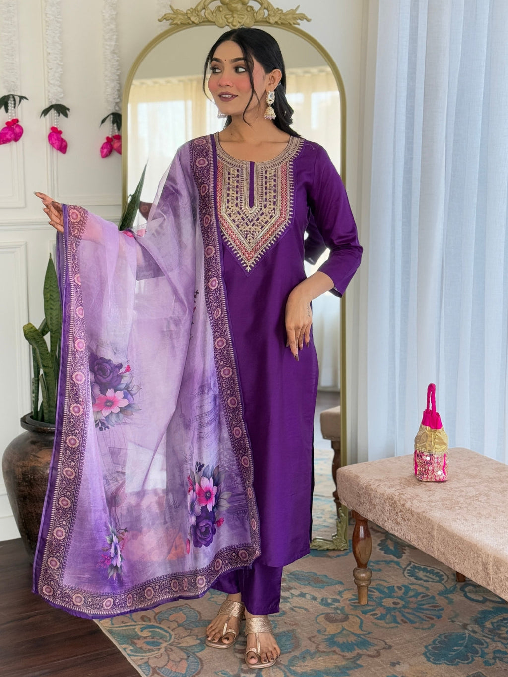 The52 Embroidered Rayon Fabric Straight Kurta, Pant and Dupatta Set - Distacart