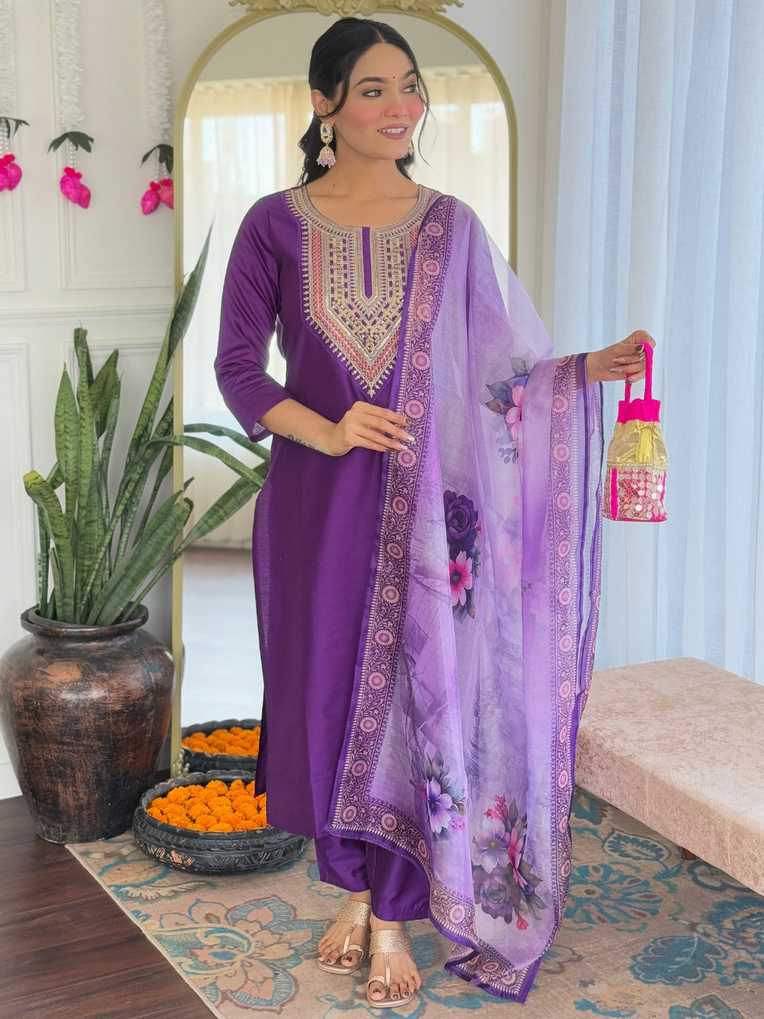 The52 Embroidered Rayon Fabric Straight Kurta, Pant and Dupatta Set - Distacart