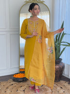 The52 Mustard Embroidered Rayon Fabric Straight Kurta, Pant and Dupatta Set - Distacart