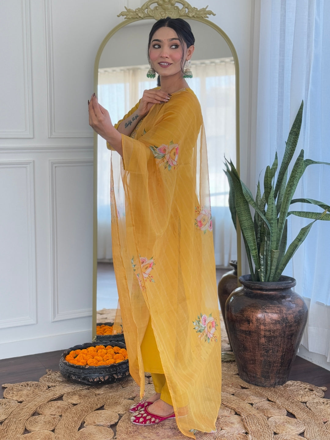 The52 Mustard Embroidered Rayon Fabric Straight Kurta, Pant and Dupatta Set - Distacart