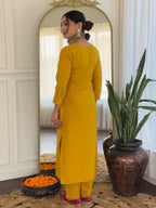 The52 Mustard Embroidered Rayon Fabric Straight Kurta, Pant and Dupatta Set - Distacart