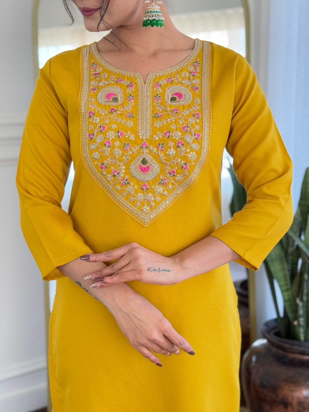 The52 Mustard Embroidered Rayon Fabric Straight Kurta, Pant and Dupatta Set - Distacart