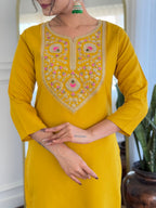The52 Mustard Embroidered Rayon Fabric Straight Kurta, Pant and Dupatta Set - Distacart