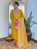 The52 Mustard Embroidered Rayon Fabric Straight Kurta, Pant and Dupatta Set - Distacart