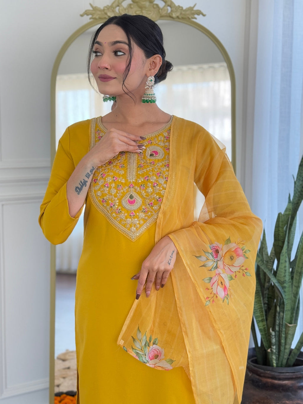 The52 Mustard Embroidered Rayon Fabric Straight Kurta, Pant and Dupatta Set - Distacart