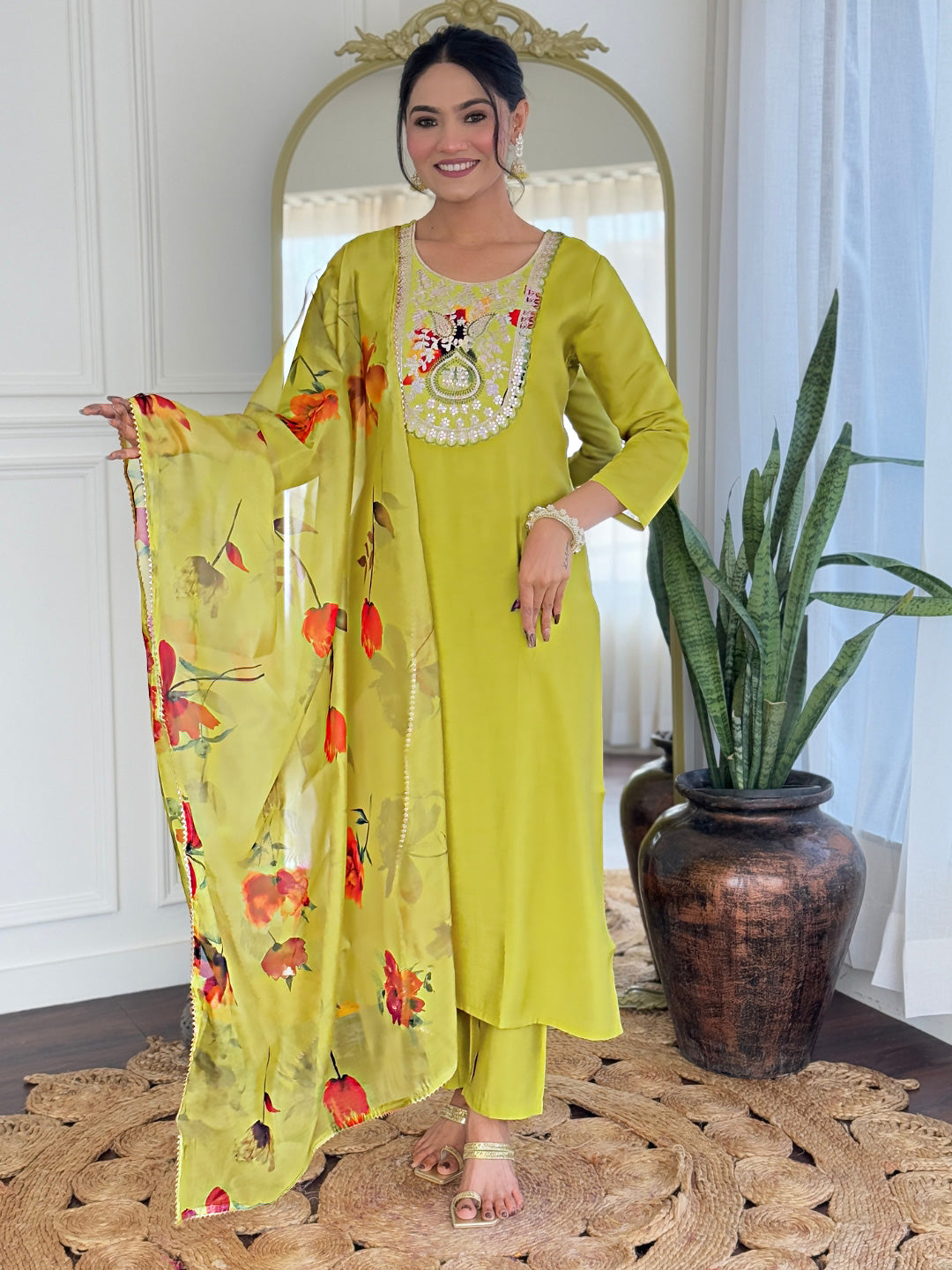 The52 Liril Embroidered Rayon Fabric Straight Kurta, Pant and Dupatta Set - Distacart