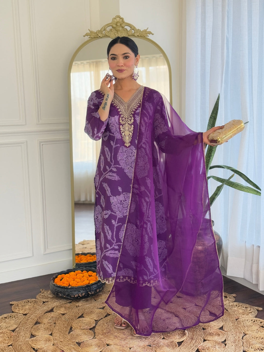 The52 Purple Embroidered Rayon Fabric Straight Kurta, Pant and Dupatta Set - Distacart