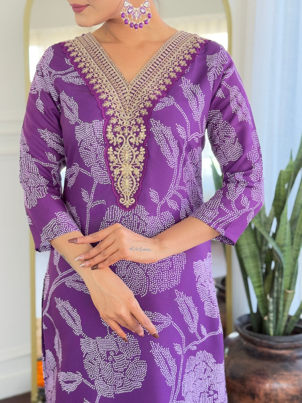 The52 Purple Embroidered Rayon Fabric Straight Kurta, Pant and Dupatta Set - Distacart