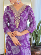 The52 Purple Embroidered Rayon Fabric Straight Kurta, Pant and Dupatta Set - Distacart