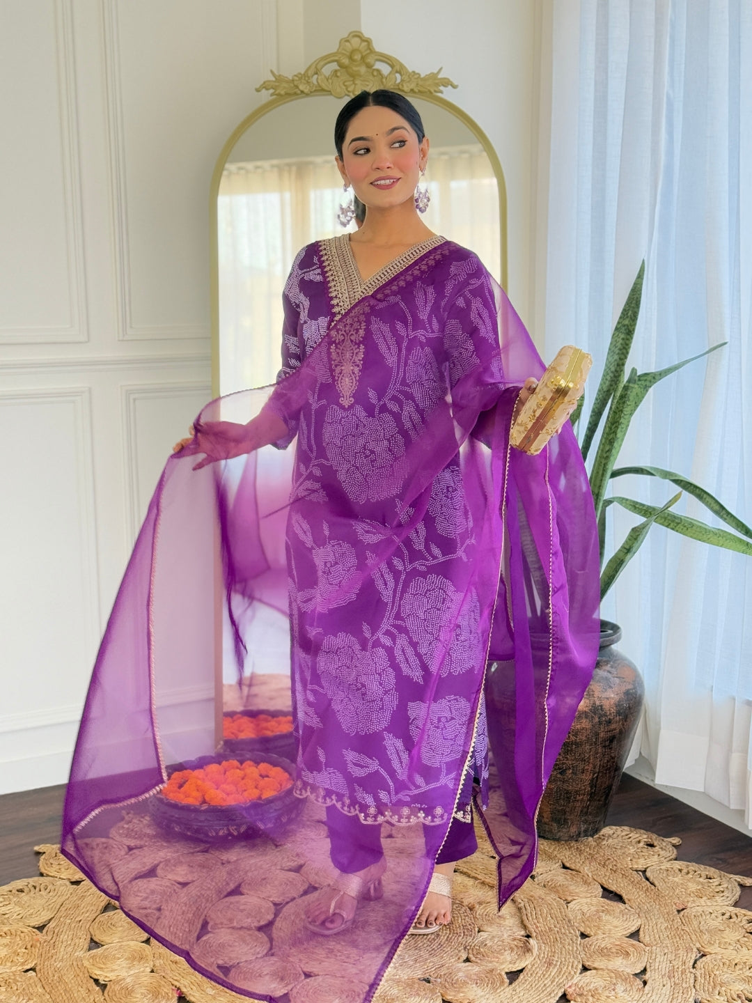 The52 Purple Embroidered Rayon Fabric Straight Kurta, Pant and Dupatta Set - Distacart