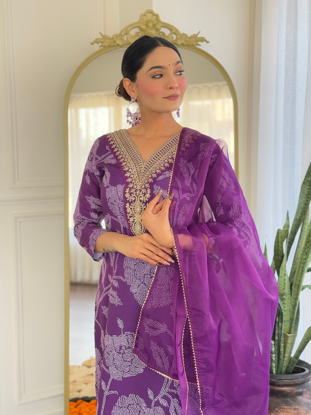 The52 Purple Embroidered Rayon Fabric Straight Kurta, Pant and Dupatta Set - Distacart