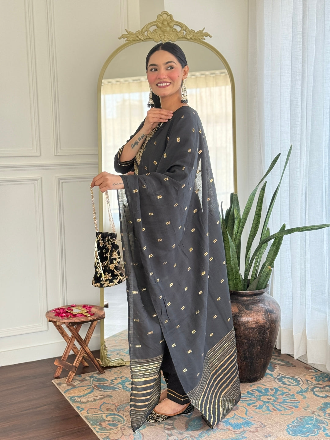 The52 Women's Black Embroidered Cotton Slub Fabric Straight Kurta, Pant and Dupatta Set - Distacart