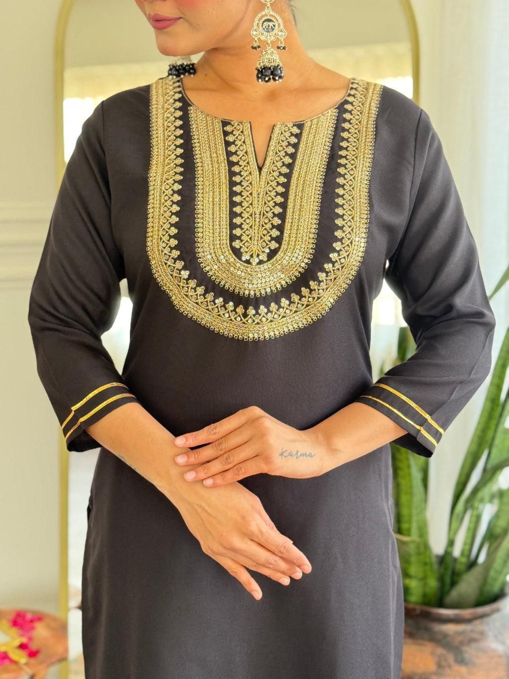 The52 Women's Black Embroidered Cotton Slub Fabric Straight Kurta, Pant and Dupatta Set - Distacart