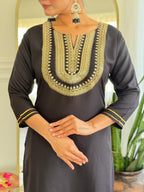 The52 Women's Black Embroidered Cotton Slub Fabric Straight Kurta, Pant and Dupatta Set - Distacart