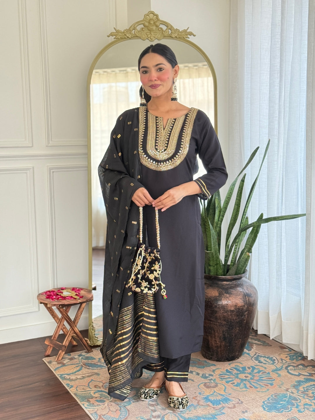 The52 Women's Black Embroidered Cotton Slub Fabric Straight Kurta, Pant and Dupatta Set - Distacart