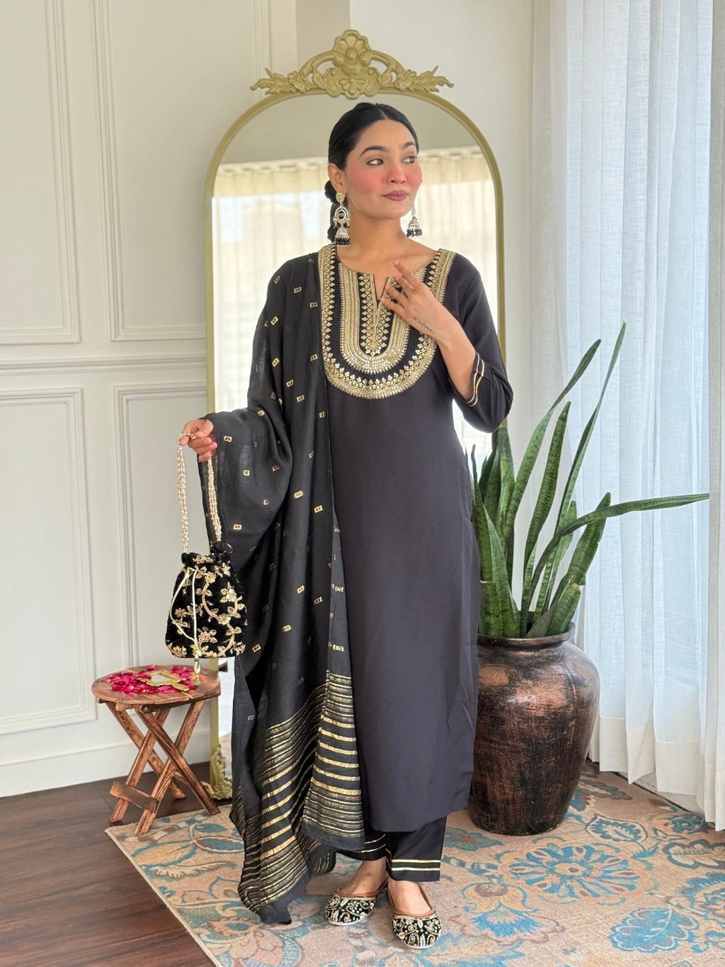 The52 Women's Black Embroidered Cotton Slub Fabric Straight Kurta, Pant and Dupatta Set - Distacart