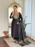 The52 Women's Black Embroidered Cotton Slub Fabric Straight Kurta, Pant and Dupatta Set - Distacart