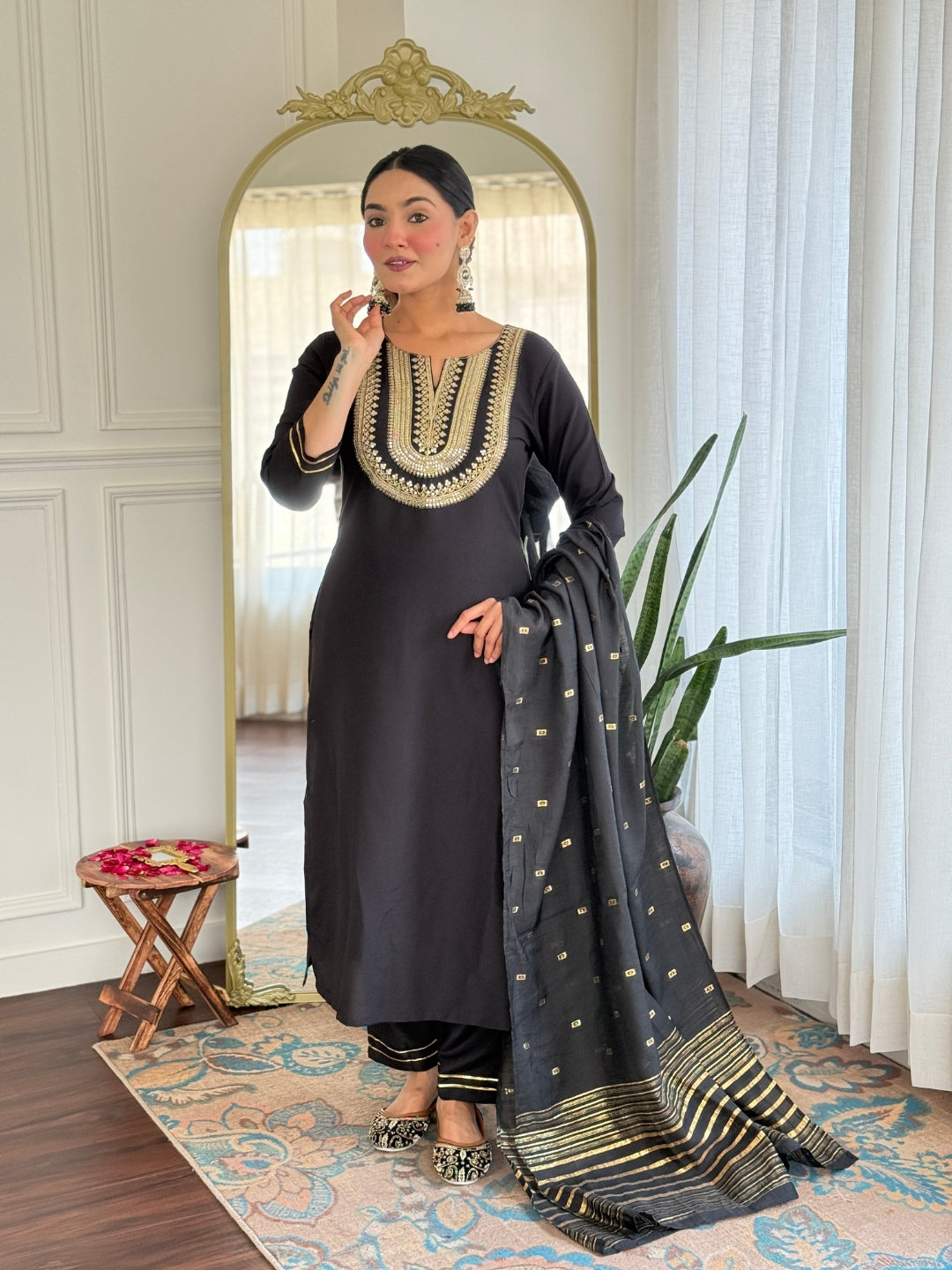 The52 Women's Black Embroidered Cotton Slub Fabric Straight Kurta, Pant and Dupatta Set - Distacart