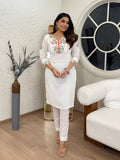 Lorenvalley White Cotton Embroidered & Khatli Hand Work Kurta with Pant
