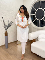 Lorenvalley White Cotton Embroidered & Khatli Hand Work Kurta with Pant