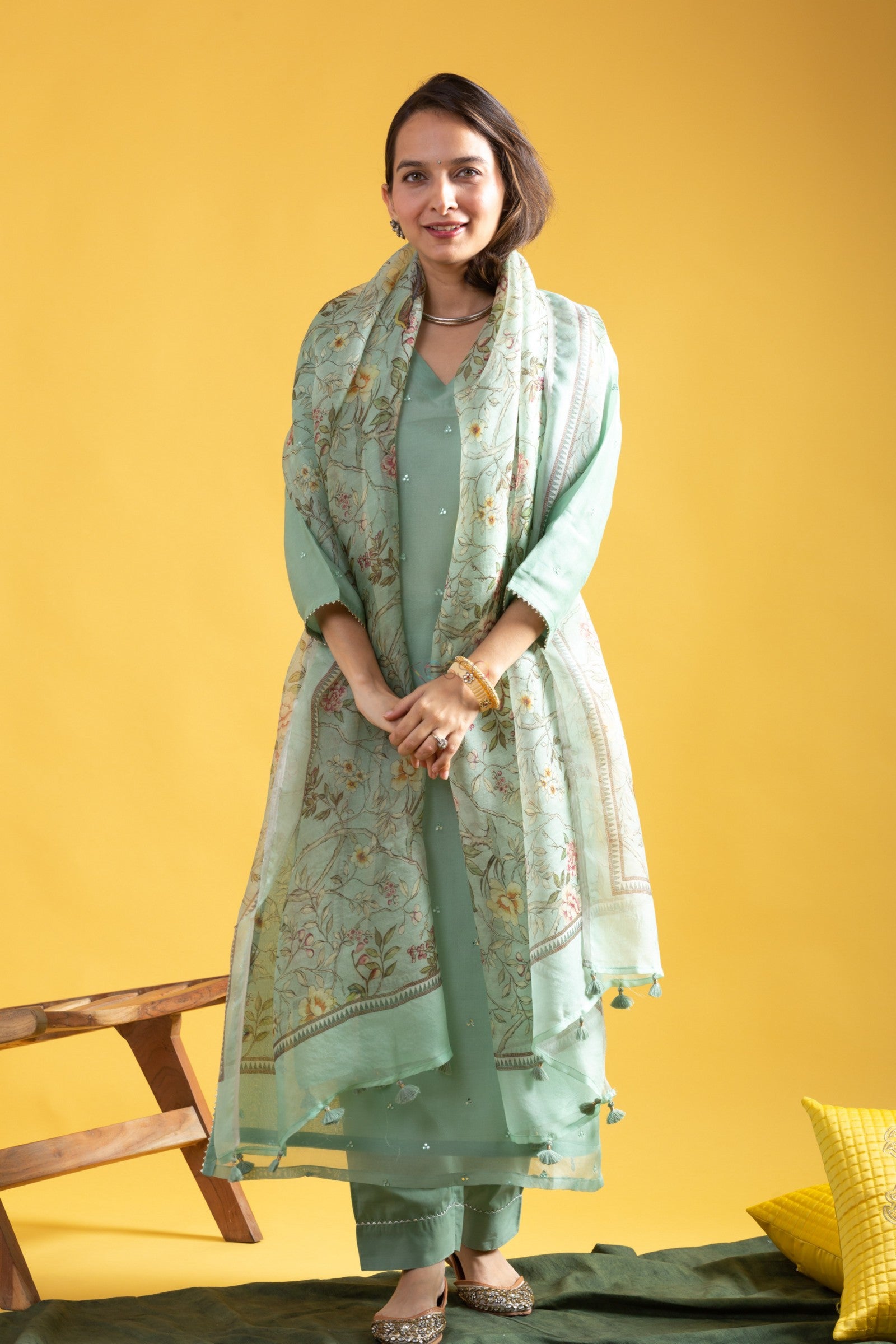 Lorenvalley Seagreen Roman Silk Embroidered With Sequence work Kurta Set - Distacart