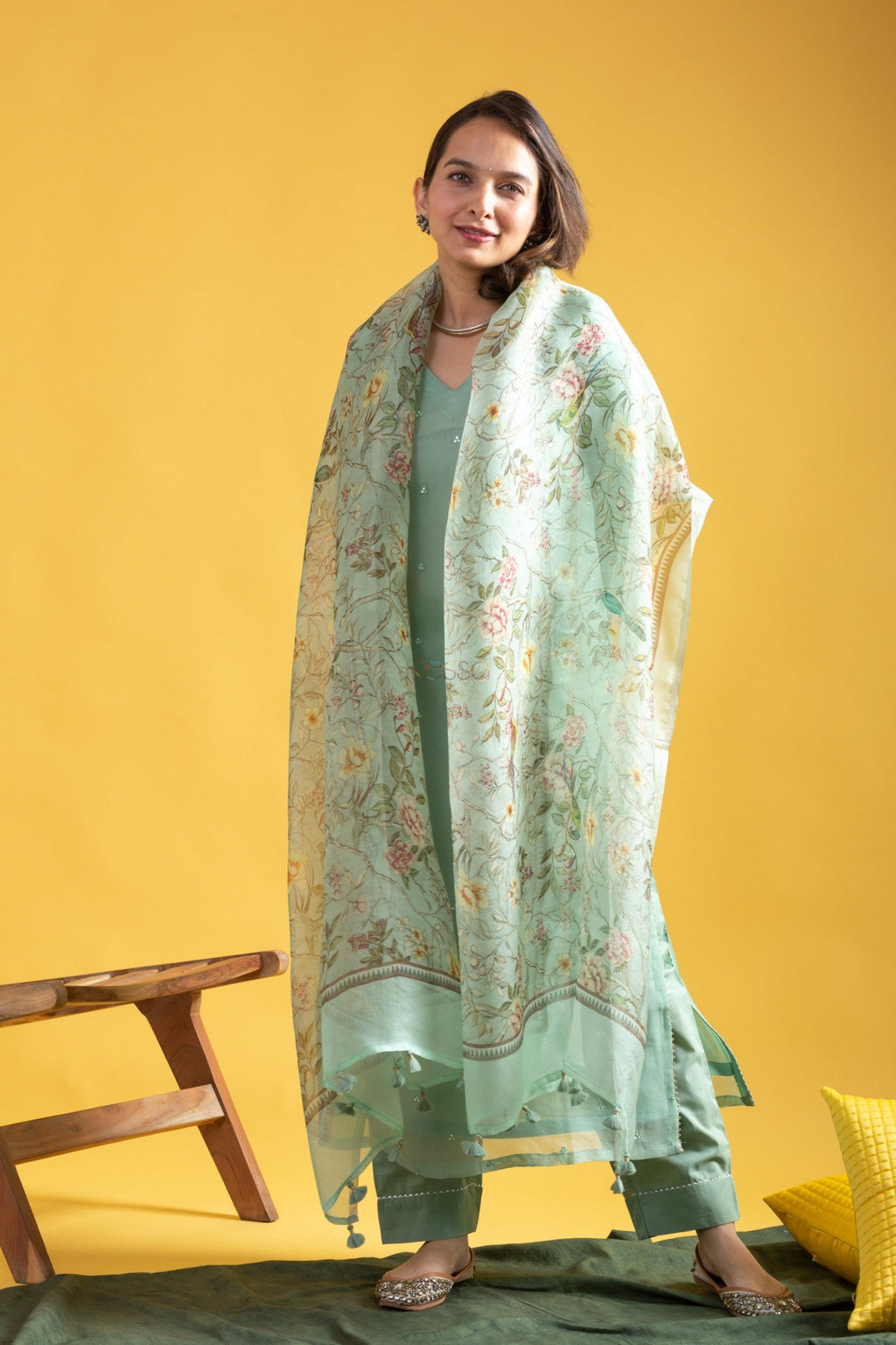 Lorenvalley Seagreen Roman Silk Embroidered With Sequence work Kurta Set - Distacart