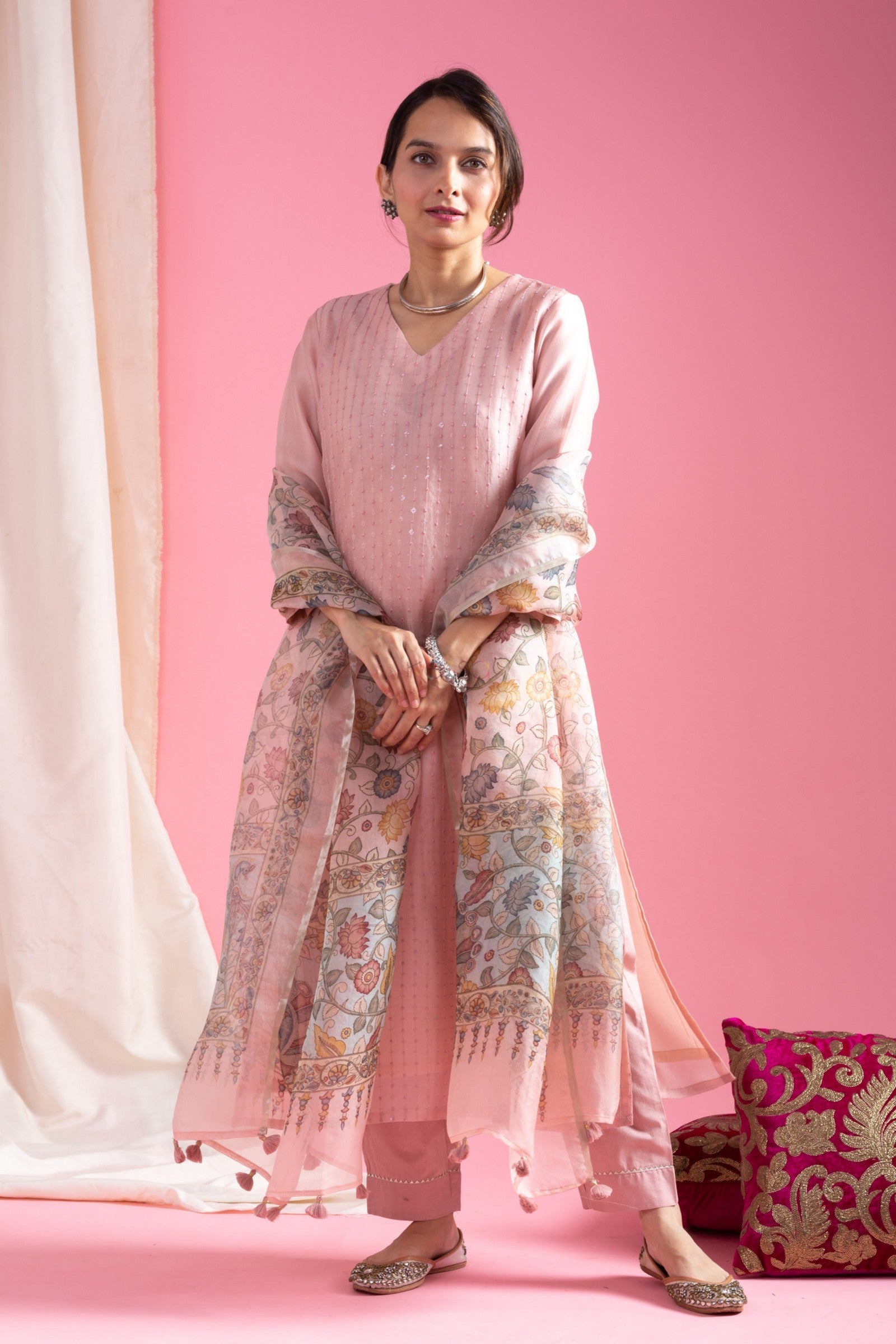 Lorenvalley Pink Roman Silk Embroidered With Sequence work Kurta Set - Distacart