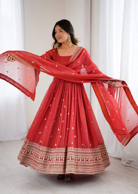 Lehenga Mart Designer Anarkali Suit Ready To Wear Kurta Pant With Dupatta For Women-Rust Orange