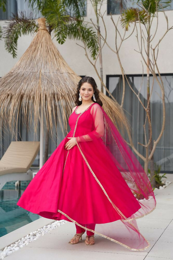 Joban Fashion Rani Pink Kurta Set Chanderi Sequence Embroidery Work - Distacart
