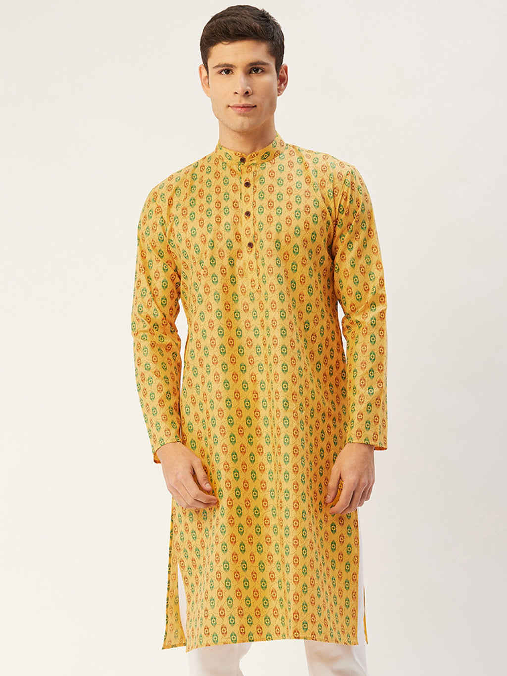 Jompers Men's Mustard Cotton Ikat printed kurta Only