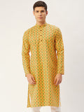Jompers Men's Mustard Cotton Ikat printed kurta Only