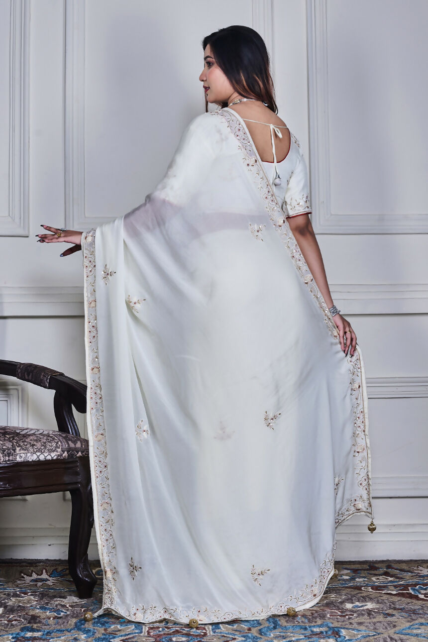 Morchari Off White Chiffon Hand Embroidery Saree Stitched Blouse - Distacart