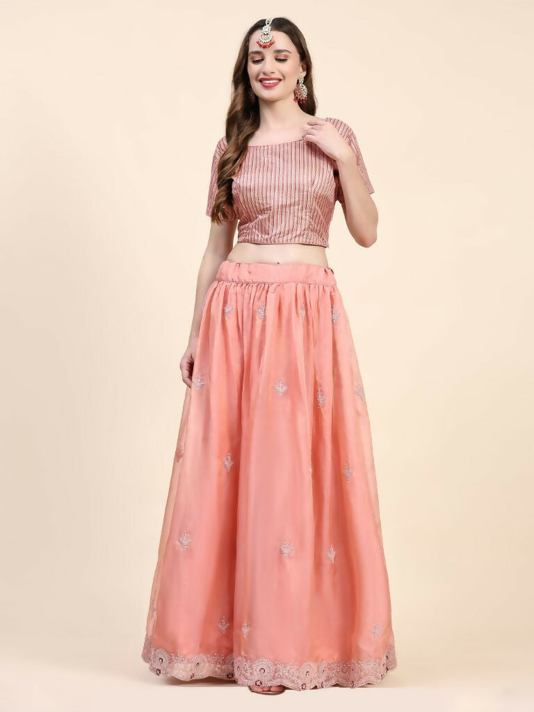 Peach Silk Embroidered Poncho Pattern Top & Lehenga with Dupatta - Tanya