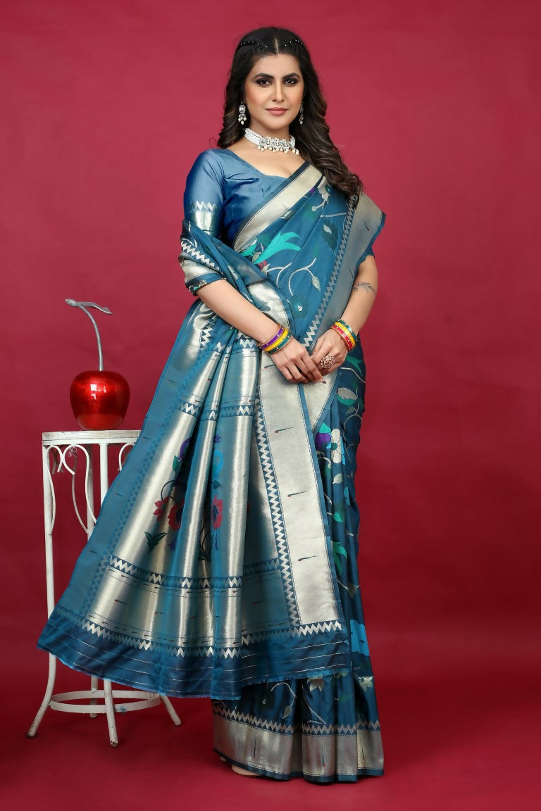Jyoti Fashion Women's Morpich Paithani Silk Zari Woven Saree with Blouse