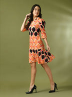 Myshka Women's Multi Printed Shirt Collar Fit and Flare Party Dress - Distacart