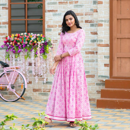 Partywear Designer Digital Printed Light pink Pure Maslin Gown - Anbazaar