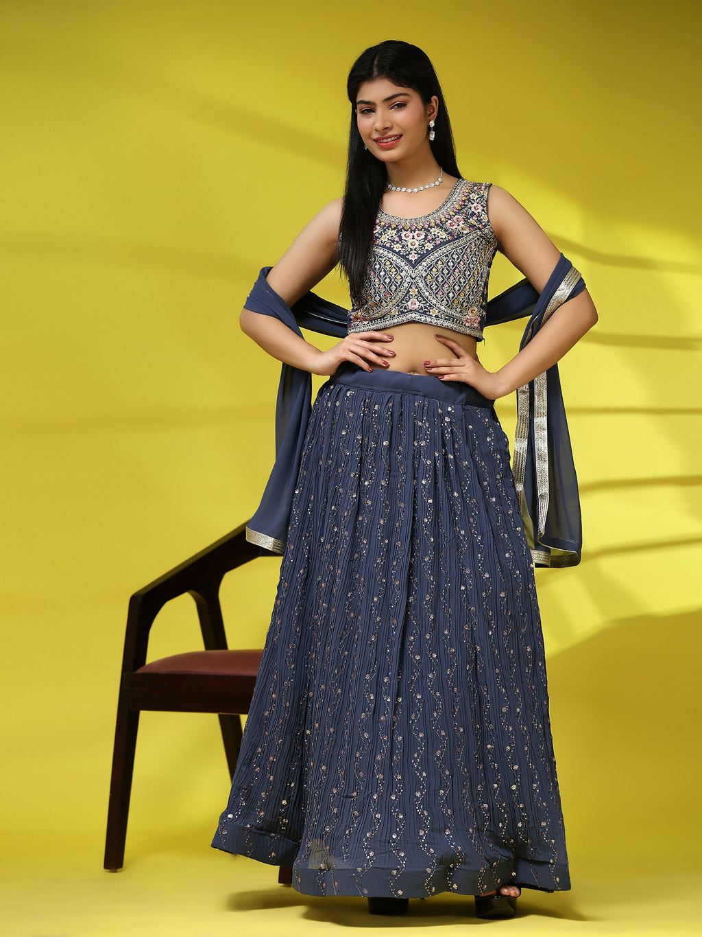 Dark Grey Georgette Embroidered Lehenga choli with Dupatta - Dhara