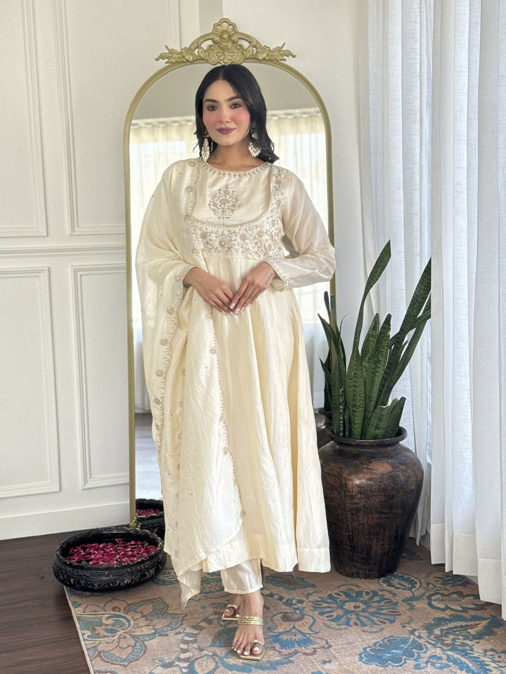 The52 CreamWomen's Gorgeous Embroidered Vichitra Silk Fabric Flared Kurta Pant with Dupatta Set - Distacart