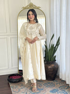 The52 CreamWomen's Gorgeous Embroidered Vichitra Silk Fabric Flared Kurta Pant with Dupatta Set - Distacart