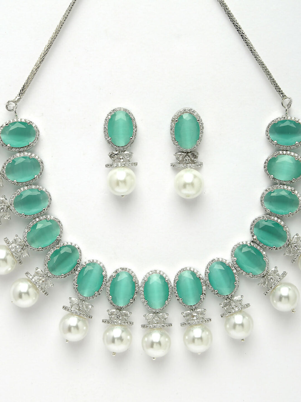 NVR Women's Silver-Plated Green American Diamond Studded Handcrafted Jewellery Set