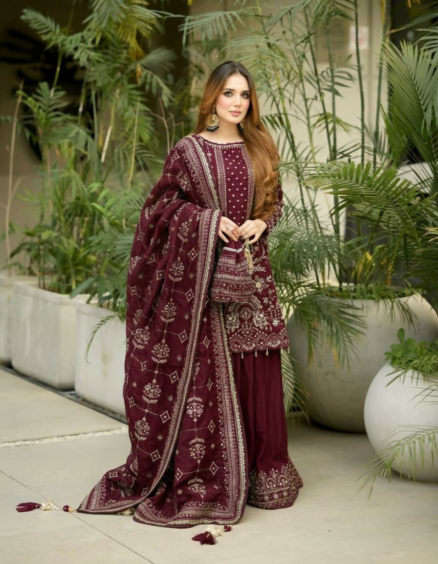 Teeya Creation Maroon Faux georgette Designer heavy work Wedding Wear Palazzo pair - Distacart