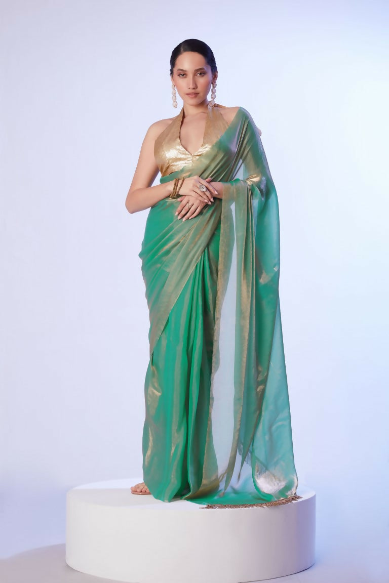 Sea Green Satin Gold Organza Solid Designer & Lace Work Saree - Samaa