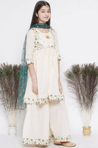 Little Bansi Blue Floral Embroidery Jacket with Cotton Kantha Frock Sharara and Dupatta with Ghungroo Handwork - Cream
