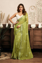 Vastranavya Mehendi Digital Printed Linen Ready To Wear Designer Saree with Unstitched Blouse - Distacart