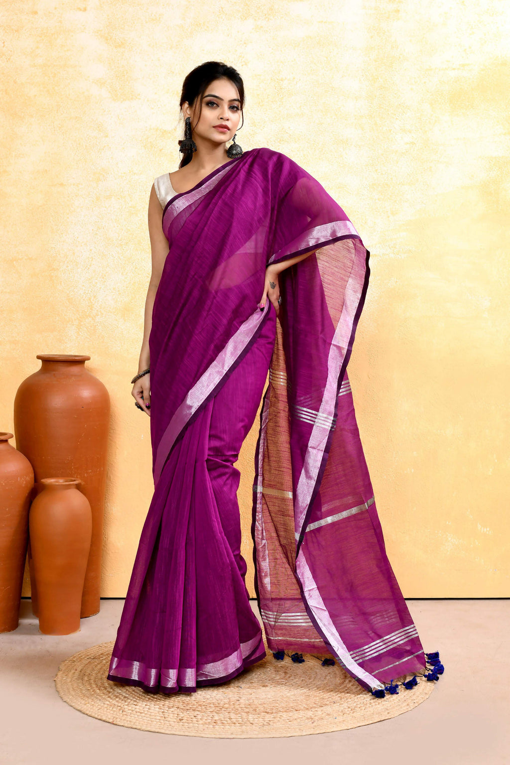 Piyari Fashion Women's Magenta Embellished Cotton Blend Zari Border Handloom Saree - Distacart