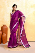 Piyari Fashion Women's Magenta Embellished Cotton Blend Zari Border Handloom Saree - Distacart