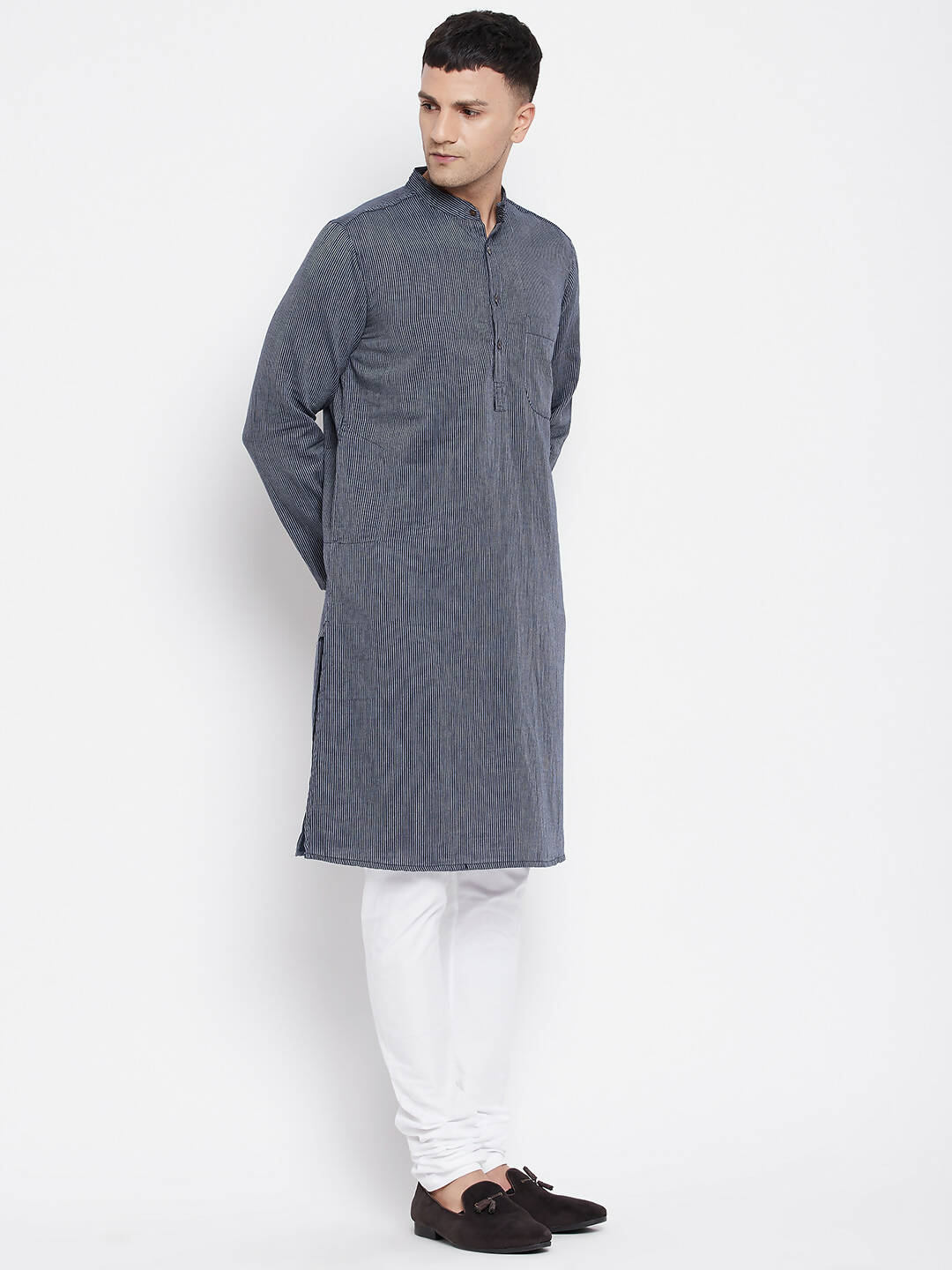 Even Apparels Grey Color Pure Cotton Men's Kurta With Band Collar - Distacart