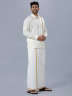 Ramraj Cotton Mens Wedding Set Cream Regular Dhoti, Shirt & Towel Arathi 1/2"